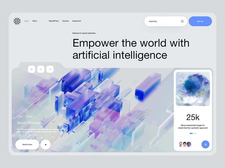 Futuristic website design promoting artificial intelligence advancements with digital graphics and research stats.