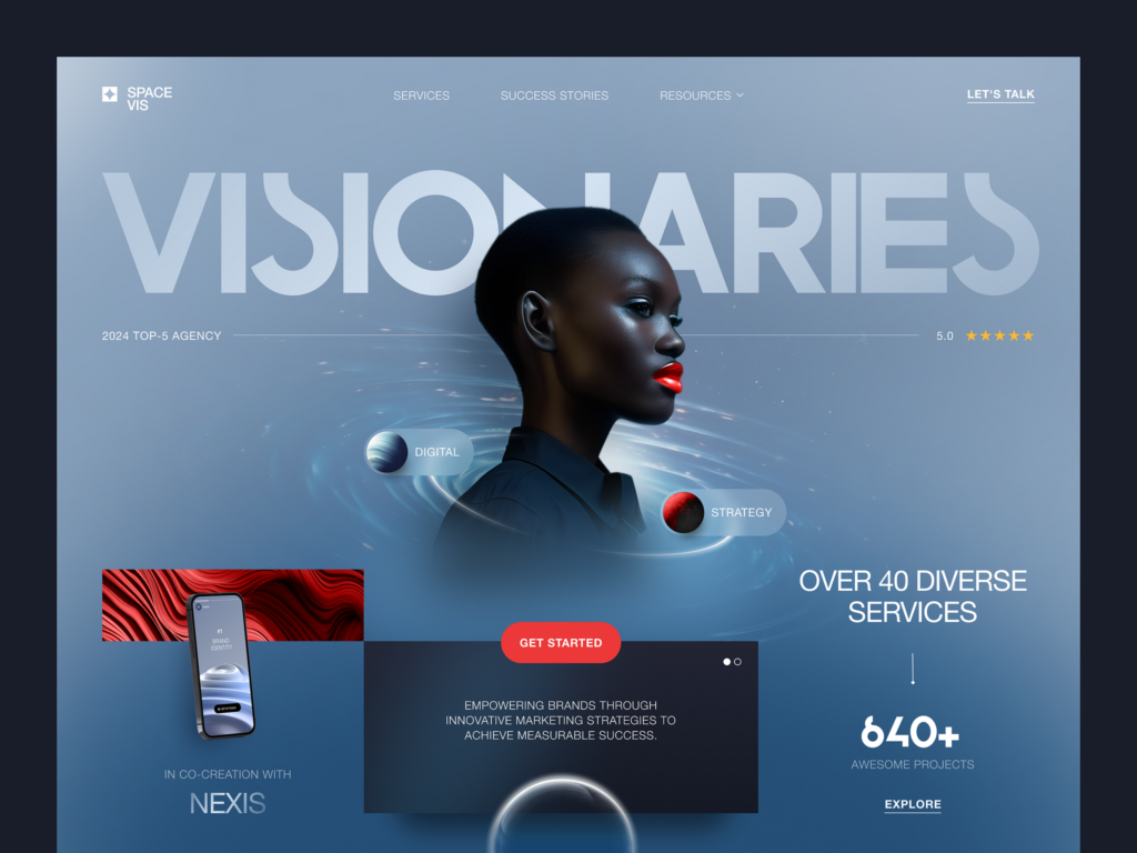 Futuristic digital agency homepage featuring strategy-focused graphics and diverse service offerings.