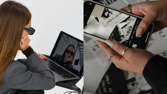 Woman in video call on laptop and someone taking a photo of documents with a smartphone.