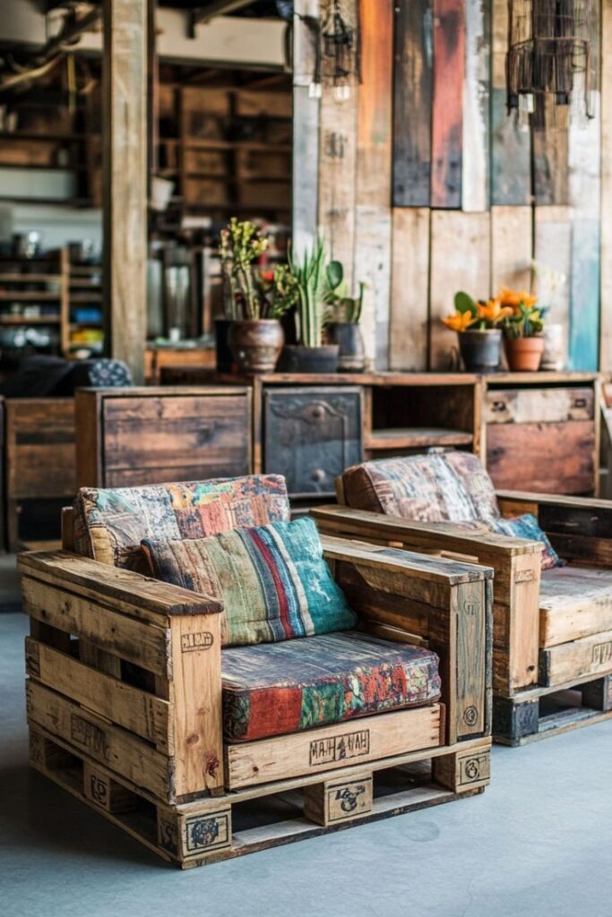 Rustic pallet armchairs with colorful cushions in a cozy, plant-filled living space. Ideal for eco-friendly decor.