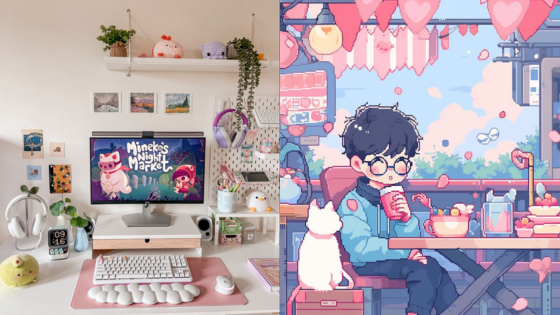 Cute pastel-themed desk setup with gaming computer and pixel art featuring a person and a cat in a cafe.