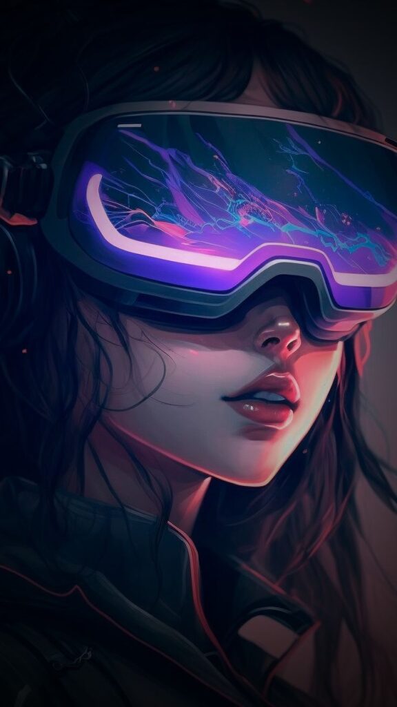 Futuristic woman wearing neon VR goggles, immersed in a virtual reality experience with electric blue light.