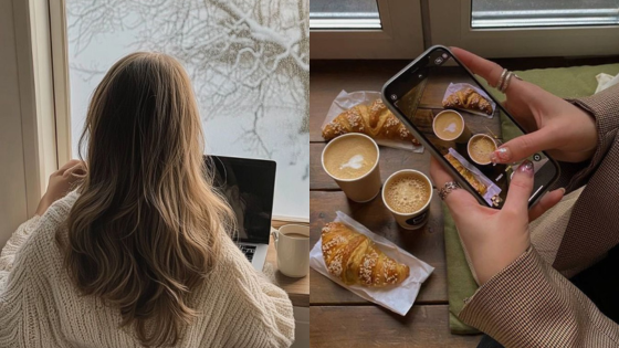 Cozy winter scene: woman by window, laptop; coffee and croissants being photographed.