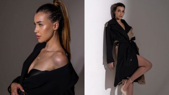 Woman in a stylish black trench coat posed in profile and full-length view against a neutral background. Ilona Tarapata, UGC