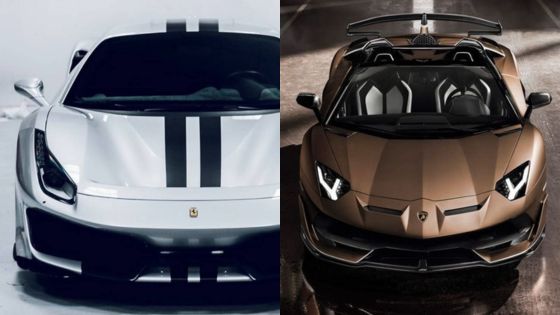 Front view of a sleek white Ferrari and a gold Lamborghini side by side, showcasing luxury sports cars with striking designs.