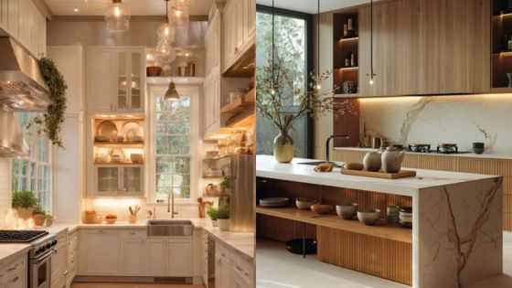 Warm and modern kitchen designs with marble countertops, open shelving, and stylish lighting.