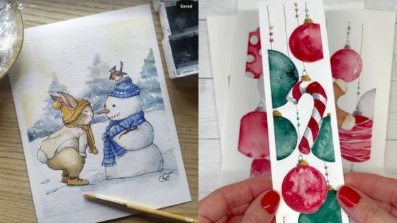 Adorable watercolor winter art: bunny with snowman and Christmas ornaments in festive bookmarks.