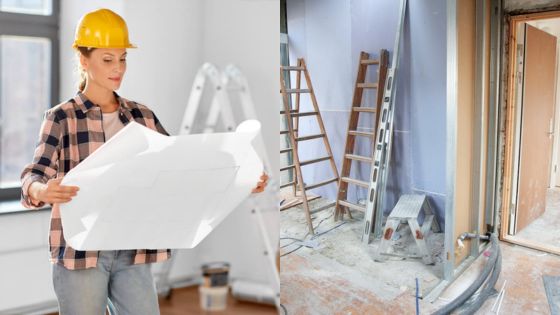 Construction worker examining plans next to a renovation site with ladders and tools.