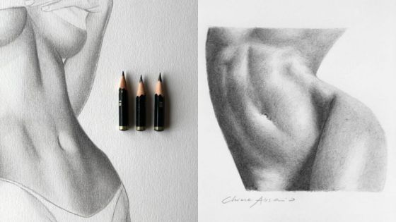 Pencil drawings depicting detailed human anatomy next to three sharpened pencils on a textured background.