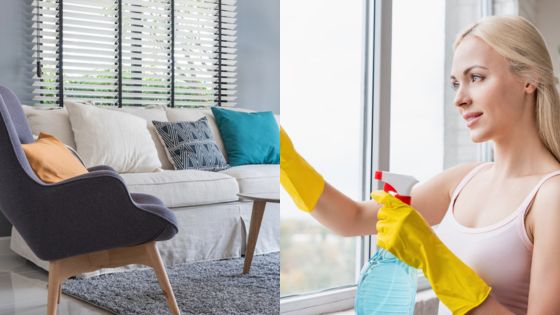 Living room and woman cleaning window with spray and gloves, showcasing a tidy and fresh interior space.