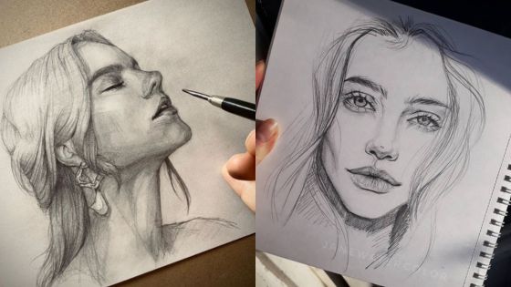 Two detailed pencil sketches of women, showcasing expressive portraits and artistic shading techniques.