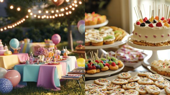 Colorful outdoor party setup with decorated tables, balloons, and a dessert table featuring cakes and cookies.