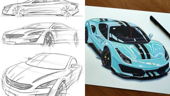 Car design sketches and a completed blue sports car illustration side by side, showcasing creative automotive design.