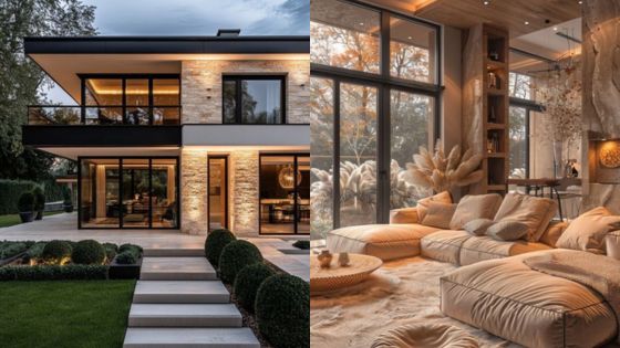 Modern luxury home exterior and cozy interior with plush sofas and large windows.