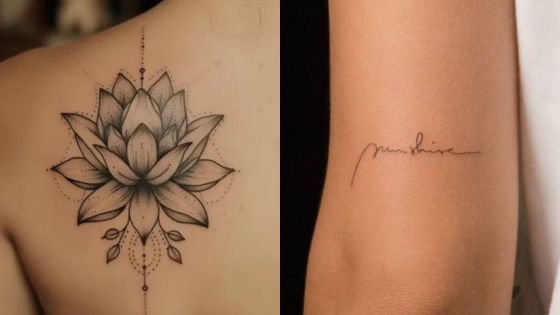 Lotus flower tattoo on back and cursive sunshine tattoo on arm.