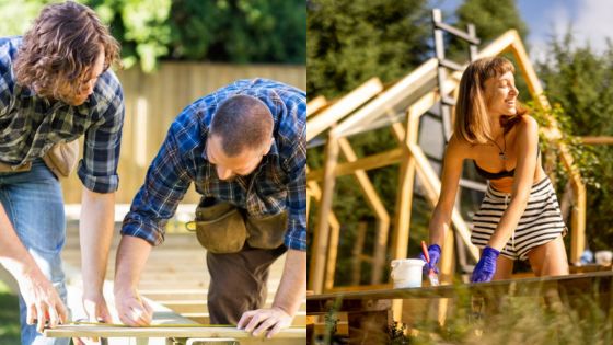 People working on outdoor DIY carpentry projects in a sunny backyard with wood structures.