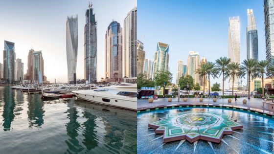 Dubai Marina skyline with yachts and modern architecture, featuring a vibrant cityscape and waterfront views.