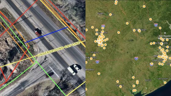 Map showing underground gas lines and distribution points in Texas with highlighted routes.