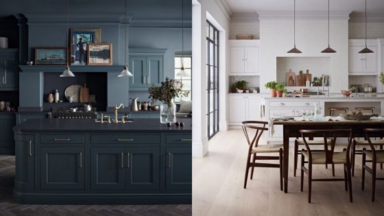 Dark and light modern kitchen designs featuring contrasting cabinetry, sleek countertops, and stylish lighting fixtures.