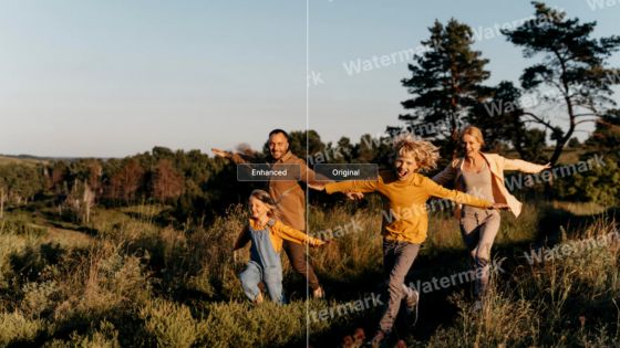 Family enjoying a sunny day in nature, running through a grassy field.