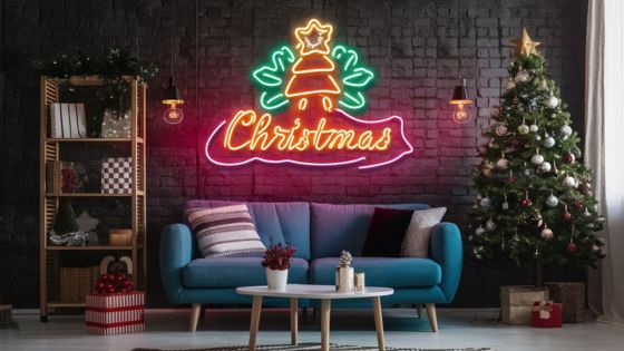 Cozy living room with Christmas tree and neon Christmas sign, festive decor creating a warm holiday atmosphere.