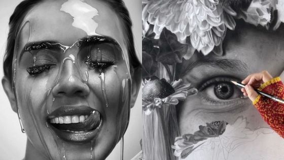 Hyper-realistic pencil drawings of a smiling face with paint and a detailed eye with floral elements being drawn.