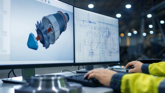 Engineer designing mechanical part on dual computer monitors in a high-tech workshop.