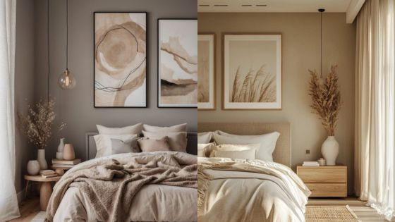 Modern bedroom interior with neutral tones, cozy bedding, stylish decor, and abstract art on the walls.