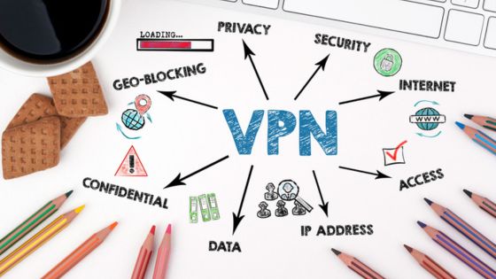 VPN concept with connected elements: privacy, security, internet, access, geo-blocking, data, IP address, confidential.