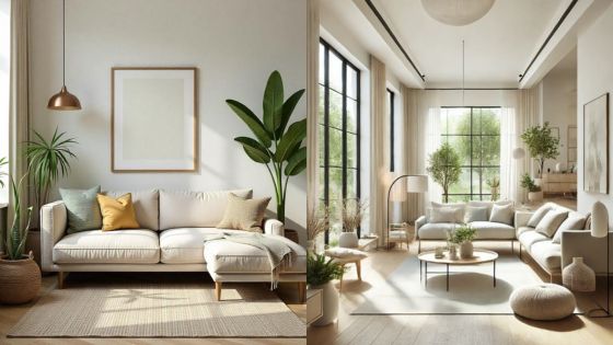 Modern living room with beige sofas, large windows, indoor plants, and natural light creating a cozy, minimalist atmosphere.