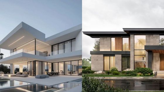 Modern luxury homes with large windows and sleek designs, featuring spacious outdoor areas and contemporary architecture.