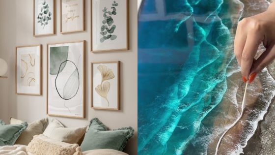 Cozy living room with botanical wall art. Hand creating art in blue ocean resin. Aesthetic decor and craftsmanship.