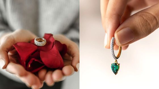 Hands holding a ring on rose petals and an emerald earring, emphasizing elegant jewelry details.