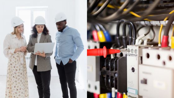 Engineers in hard hats review plans; close-up of electrical panel with wiring.