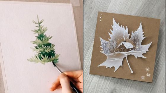 Watercolor Christmas tree painting and intricate leaf art with winter scene. Creative holiday artwork inspiration.