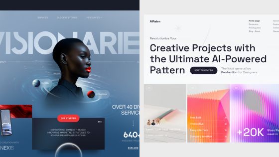 Split-page design showcasing AI innovation and creative projects, featuring futuristic visuals and interactive elements.