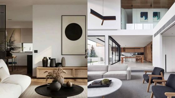 Modern minimalist living room designs with neutral tones, featuring stylish furniture and large windows.