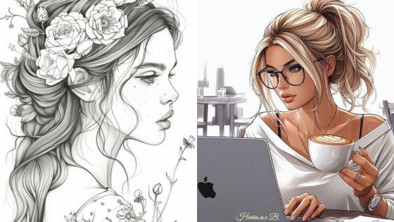 Digital art of a woman with flowers in her hair and another working on a laptop with coffee, modern and artistic contrast.