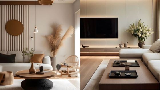 Modern minimalist living room with neutral tones, stylish furniture, and ambient lighting.