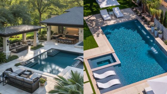 Luxurious outdoor living spaces featuring elegant swimming pools surrounded by lush greenery and modern seating areas.