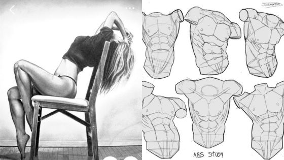 Artistic pose on chair with abs anatomy sketches, showcasing human form and muscle definition study.