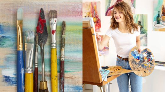 Artist painting in a studio with paintbrushes and palette knives displayed, expressing creativity and passion for art.