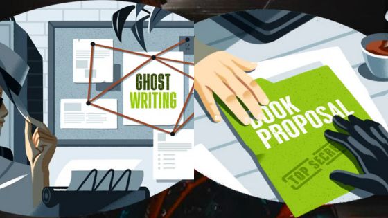 Illustration of a ghostwriter planning a book proposal, featuring a bulletin board and document marked 'Top Secret.'