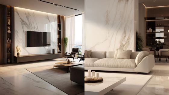 Modern living room with marble walls, sleek furniture, and cozy lighting. Luxurious decor with a contemporary touch.