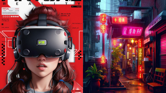 A person in a VR headset next to a vibrant neon-lit alleyway.