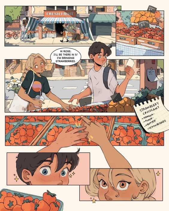 Comic scene at a fruit market with characters selecting strawberries for a picnic; vibrant and engaging storytelling.