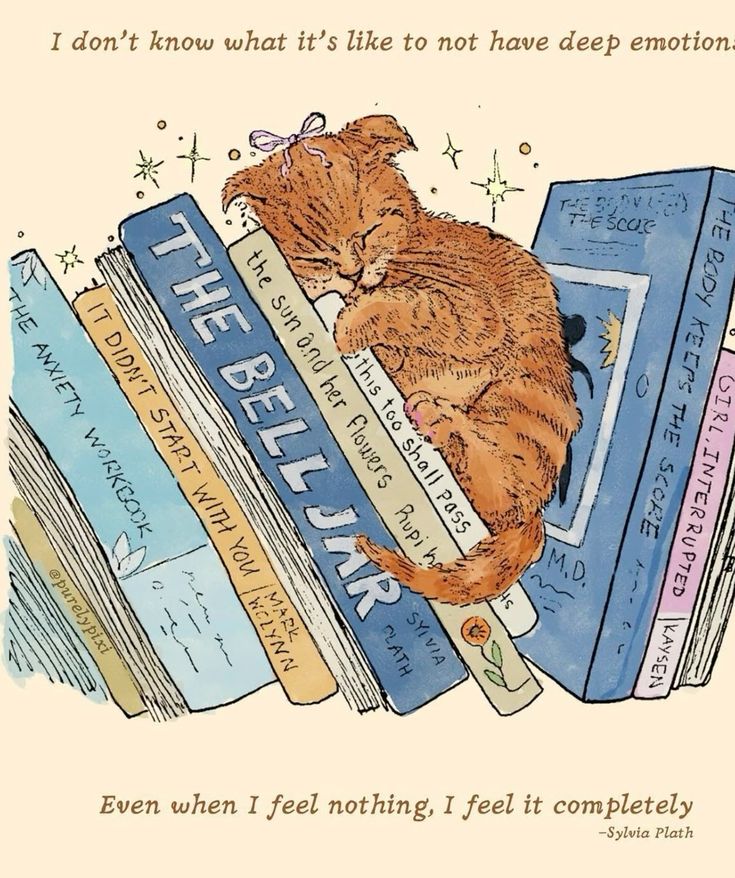 A cat sleeps on stacked books, including The Bell Jar by Sylvia Plath, surrounded by stars and a quote.