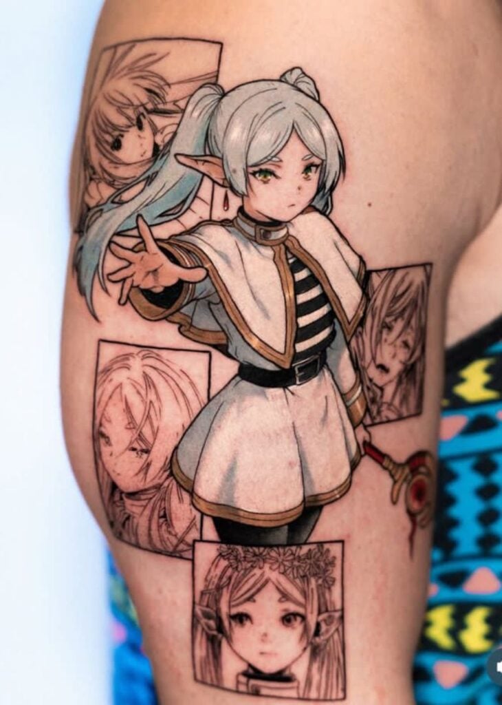anime tattoo 2 Anime-style elf girl thigh tattoo with manga panels, blue hair, green eyes, white outfit and magical staff — detailed color body art | Sky Rye Design Anime-style elf girl thigh tattoo with manga panels, blue hair, green eyes, white outfit and magical staff — detailed color body art