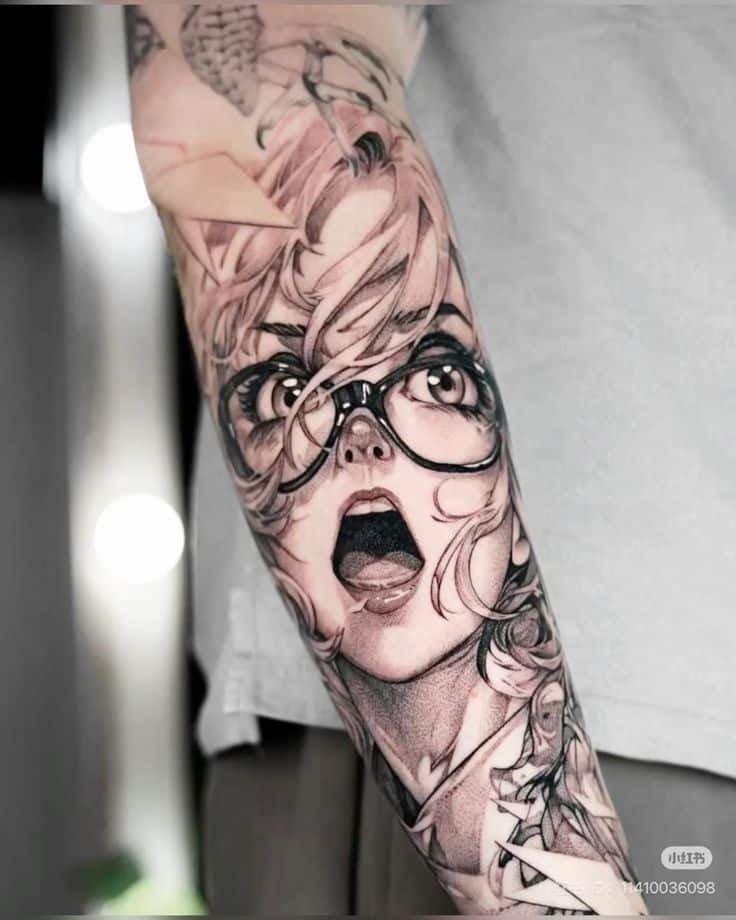 anime tattoo 4 Forearm tattoo: black-and-grey anime-inspired surprised female portrait wearing glasses, detailed linework and realistic shading | Sky Rye Design Forearm tattoo: black-and-grey anime-inspired surprised female portrait wearing glasses, detailed linework and realistic shading