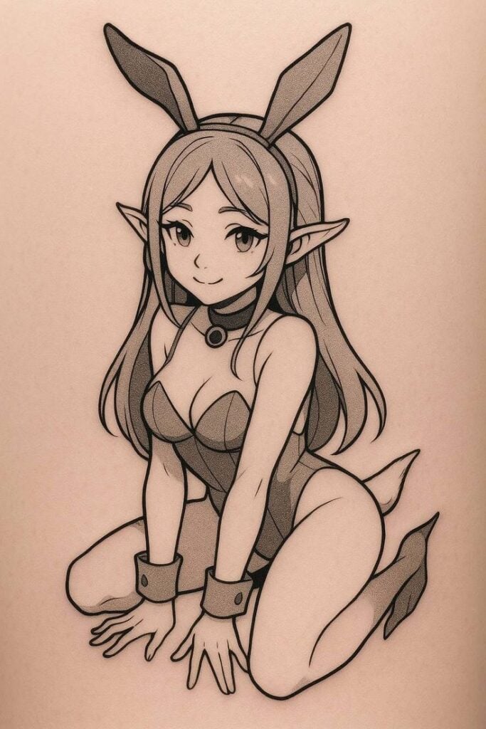 anime tattoo leg 2 Monochrome anime-style elf girl in bunny costume kneeling, bunny ears, wrist cuffs, playful pin-up art | Sky Rye Design Monochrome anime-style elf girl in bunny costume kneeling, bunny ears, wrist cuffs, playful pin-up art
